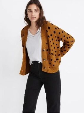 Madewell Mustard Knit Cardigan with Black Polka Dots